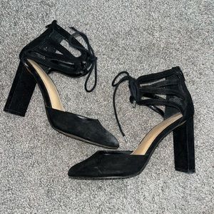 Black suede lace-up pumps